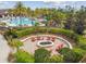 Aerial view of an inviting outdoor fire pit with comfortable seating, nestled amidst lush landscaping and mature trees at 1028 Sadie Ridge Rd, Clermont, FL 34715