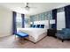 Bright bedroom featuring a king bed, stylish wallpaper, blue accents, and a ceiling fan at 3413 Lilac, Davenport, FL 33897