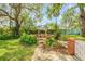 Outdoor garden featuring a stone path, wooden bench, brick wall, and mature trees, offering a serene retreat at 639 John Anderson Dr, Ormond Beach, FL 32176