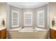 Luxurious bathroom with garden tub, plantation shutters, and custom cabinetry at 9880 Montclair Cir, Apopka, FL 32703
