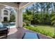 Inviting covered patio offers views of the backyard, pool, and lush landscaping, perfect for outdoor relaxation at 10138 Enchanted Oak Dr, Golden Oak, FL 32836