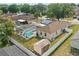 Aerial view of fenced backyard with in-ground pool, shed, and solar panels at 2423 Auld Scot Blvd, Ocoee, FL 34761