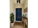Inviting entryway features a stylish blue front door, warm lighting, and decorative accents at 101 Dovetail Ct, Apopka, FL 32703