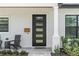 Modern front door with glass panels, inviting entryway, and lush landscaping at 2306 Hargill Dr, Orlando, FL 32806