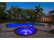The heated pool at twilight features a raised spa, landscape lighting, and lush landscaping at 3412 Lilas Ct, Windermere, FL 34786