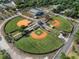 Aerial view of a well-maintained baseball complex with multiple fields and covered dugouts at 116 Hurst Ct, Deland, FL 32724