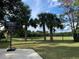 Large backyard with well-maintained lawn, mature trees, and basketball hoop, perfect for outdoor activities at 2155 Palm View Dr, Apopka, FL 32712