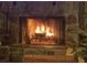 Cozy stone fireplace with a warm fire burning, creating a welcoming atmosphere at 2155 Palm View Dr, Apopka, FL 32712