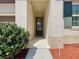 Home entrance featuring a decorative glass front door and a colorful landscaped garden at 254 Alford Dr, Davenport, FL 33896