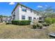 The backyard features a green lawn, privacy hedges and access to the home at 3661 Brighton Park Cir, Orlando, FL 32812