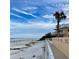 Exterior view of the beach with palm tree and building under a partly cloudy sky at 573 N Atlantic Ave # 5, New Smyrna Beach, FL 32169