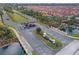 Aerial view shows the entrance to the community featuring lush landscaping, a waterfall and guard house at 8971 California Palm Rd, Kissimmee, FL 34747