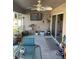 Cozy screened-in lanai with fan, tv, and plants, perfect for enjoying the outdoors at 1381 Woodlark Dr, Haines City, FL 33844