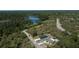 Aerial view of homes surrounded by a lush green forest and serene pond at 160 Fisher Loop, Ocklawaha, FL 32179