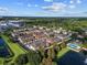 Aerial view of a well-planned community with lush greenery, serene ponds, and inviting pool area at 458 Ellis Square Ct, Sanford, FL 32771