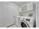 Laundry room featuring a modern washer and dryer, white cabinets, and a white door at 602 Westview Dr, Minneola, FL 34715