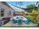 Landscaped backyard featuring a pool, fire pit, and comfortable seating under stylish shade sails at 13214 Triphammer Way, Orlando, FL 32828