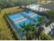 Aerial view of pickleball courts nestled in a community with lush landscaping and a nearby community pool at 2907 Sime St, New Smyrna Beach, FL 32168