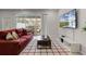 Living room with cozy seating, media console, and sliding doors to the outdoor patio area at 301 Jetty Way, Davenport, FL 33897