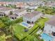 Aerial view of a beautiful backyard featuring a pool, patio furniture, and manicured landscaping at 321 Falls Dr, Kissimmee, FL 34747