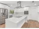 Well-appointed kitchen features stainless appliances, modern white cabinetry, quartz counters, and an island with bar seating at 345 W Hornbeam Dr, Longwood, FL 32779