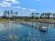 Scenic community lake view featuring wooden docks and walkways, with homes nestled among mature trees and landscaping at 3456 Shallow Cove Ln, Clermont, FL 34711