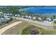 Aerial of neighborhood homes near a tranquil lake with docks, highlighting community's access to serene waterfront living at 3456 Shallow Cove Ln, Clermont, FL 34711