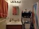 Functional bathroom with a wood vanity, mirror, and storage shelving at 509 Dorothy Cir, Eustis, FL 32726