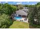 Aerial view of a stunning home with a private pool, outdoor living spaces, and a serene backyard setting at 6313 Bordeaux Cir, Sanford, FL 32771
