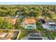 Aerial shot of a landscaped backyard, pool, patio, and view of the surrounding neighborhood at 652 Rochester St, Oviedo, FL 32765