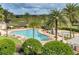 A serene pool area surrounded by tropical palm trees and manicured landscaping at 7652 Whisper Way # 301, Reunion, FL 34747