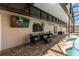 Outdoor patio with TV, seating area, and shade for relaxing by the pool at 9338 Palm Tree Dr, Windermere, FL 34786