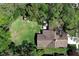 An aerial view showcasing the back yard patio with an umbrella and seating at 1512 Southwind Ct, Casselberry, FL 32707