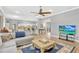 Cozy living room with ceiling fan, wood floors, and open floorplan to kitchen at 250 Shady Oaks Cir, Lake Mary, FL 32746