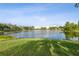 Scenic pond view with lush green grass and buildings in the background on a sunny day at 1825 Saffron Plum Ln, Orlando, FL 32828
