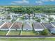 Aerial view of houses with manicured lawns and a brick fence lining the backyards, plus a pool at 2607 Quail Pond Way, Kissimmee, FL 34743
