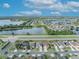 Aerial view of neighborhood homes, showing a pond, and street in a residential area with blue skies at 2607 Quail Pond Way, Kissimmee, FL 34743