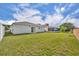 Spacious back yard with lush lawn, patio doors, and screen enclosed lanai in the distance at 2607 Quail Pond Way, Kissimmee, FL 34743