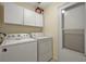 Inside view of the laundry room, features a standard washer and dryer with white cabinets at 2607 Quail Pond Way, Kissimmee, FL 34743