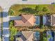 An aerial view of this home showing the roofline, private pool with screened enclosure and verdant backyard at 4200 Oaktree Dr, Davenport, FL 33837