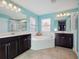 Bright bathroom with turquoise walls, dual vanities, a soaking tub, and separate shower at 4200 Oaktree Dr, Davenport, FL 33837