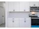 Close-up of the kitchen featuring white cabinets, stainless steel microwave and oven with granite countertop at 6872 Sw 132Nd Pl, Ocala, FL 34473