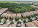 Aerial view of a residential community featuring tan homes, sidewalks and green space near a wooded area at 8808 Macapa Dr, Kissimmee, FL 34747