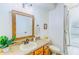 Bathroom with a wooden framed mirror, neutral color counter, and shower area at 2626 Greenwillow Dr, Orlando, FL 32825