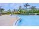 Outdoor community pool with palm trees, lounge chairs, and pool rules posted at 2626 Greenwillow Dr, Orlando, FL 32825