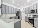Stylish kitchen featuring gray cabinets, granite countertops, and stainless steel appliances at 610 Carey Way, Orlando, FL 32825