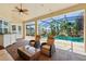 Relaxing covered patio with comfortable seating, a ceiling fan, and a view of the pool at 12614 Hawkstone Dr, Windermere, FL 34786
