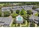 Overhead shot of a townhome community with an in-ground pool, lush landscaping, and grey roofs on a sunny day at 131 Heritage Park St, Winter Springs, FL 32708