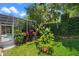 Green backyard featuring lush landscaping and a screened in lanai with pool access, creating a private outdoor oasis at 7672 Torino Ct, Orlando, FL 32835