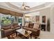 Cozy living room with views of the pool and patio area from large windows at 7672 Torino Ct, Orlando, FL 32835